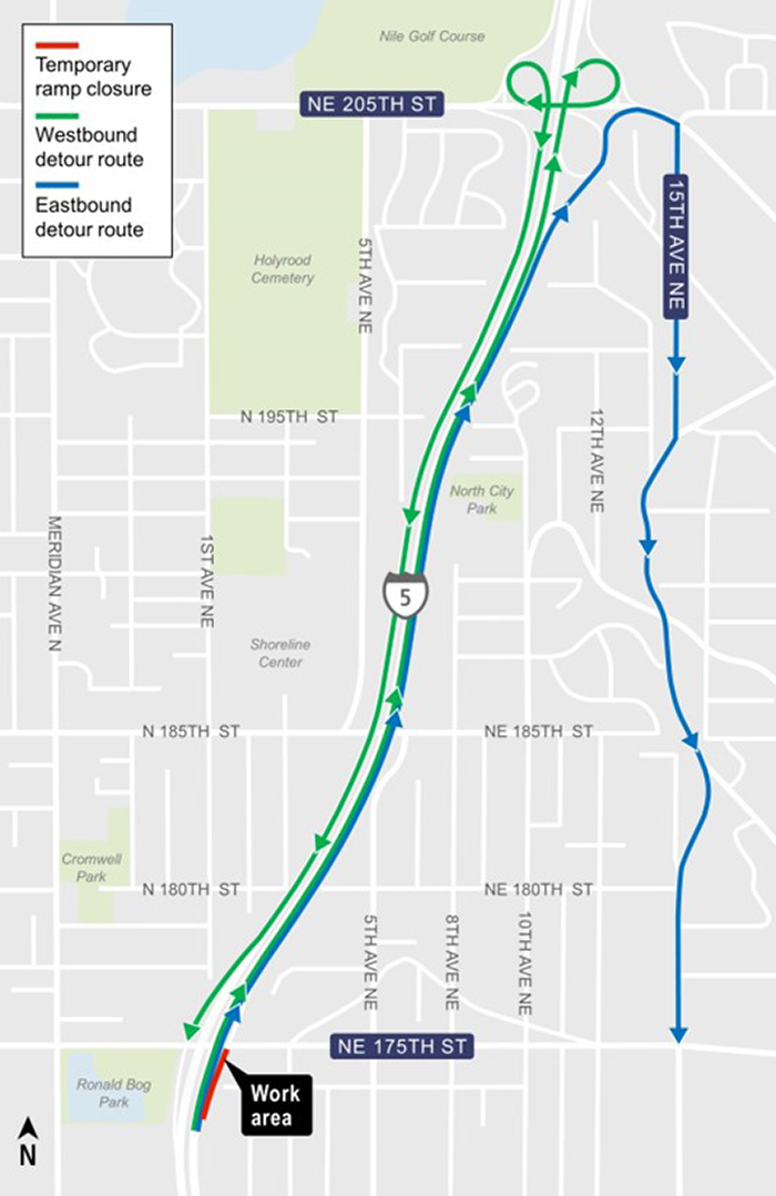 Construction impacts map for Northeast 175th Street closure and detour, Lynnwood Link Extension