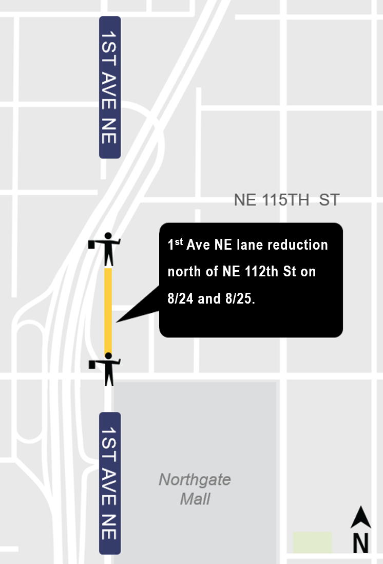 Construction impacts map for 1st Avenue Northeast lane shift, Lynnwood Link Extension