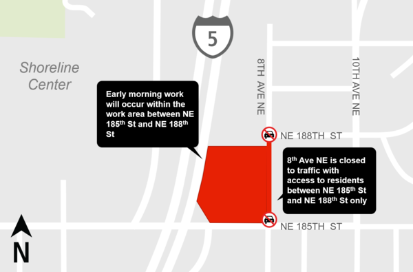 Construction impacts map for Early morning work for the NE 185th Street Station Garage Work Zone, Lynnwood Link Extension