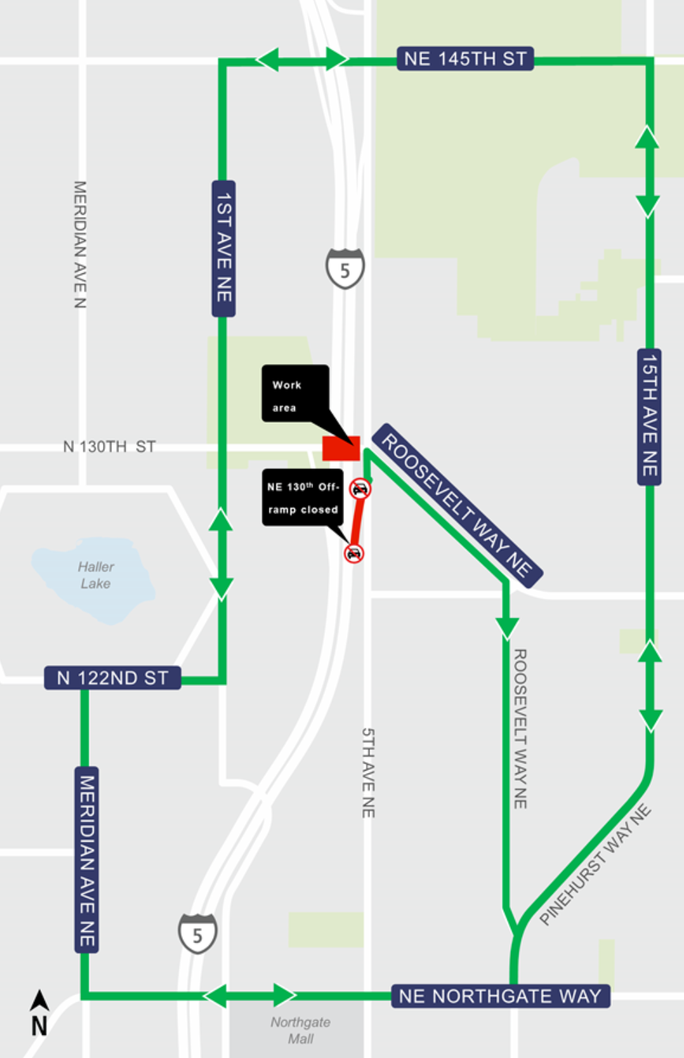 Construction impacts map for Northeast 130 street off ramp closure, Lynnwood Link Extension