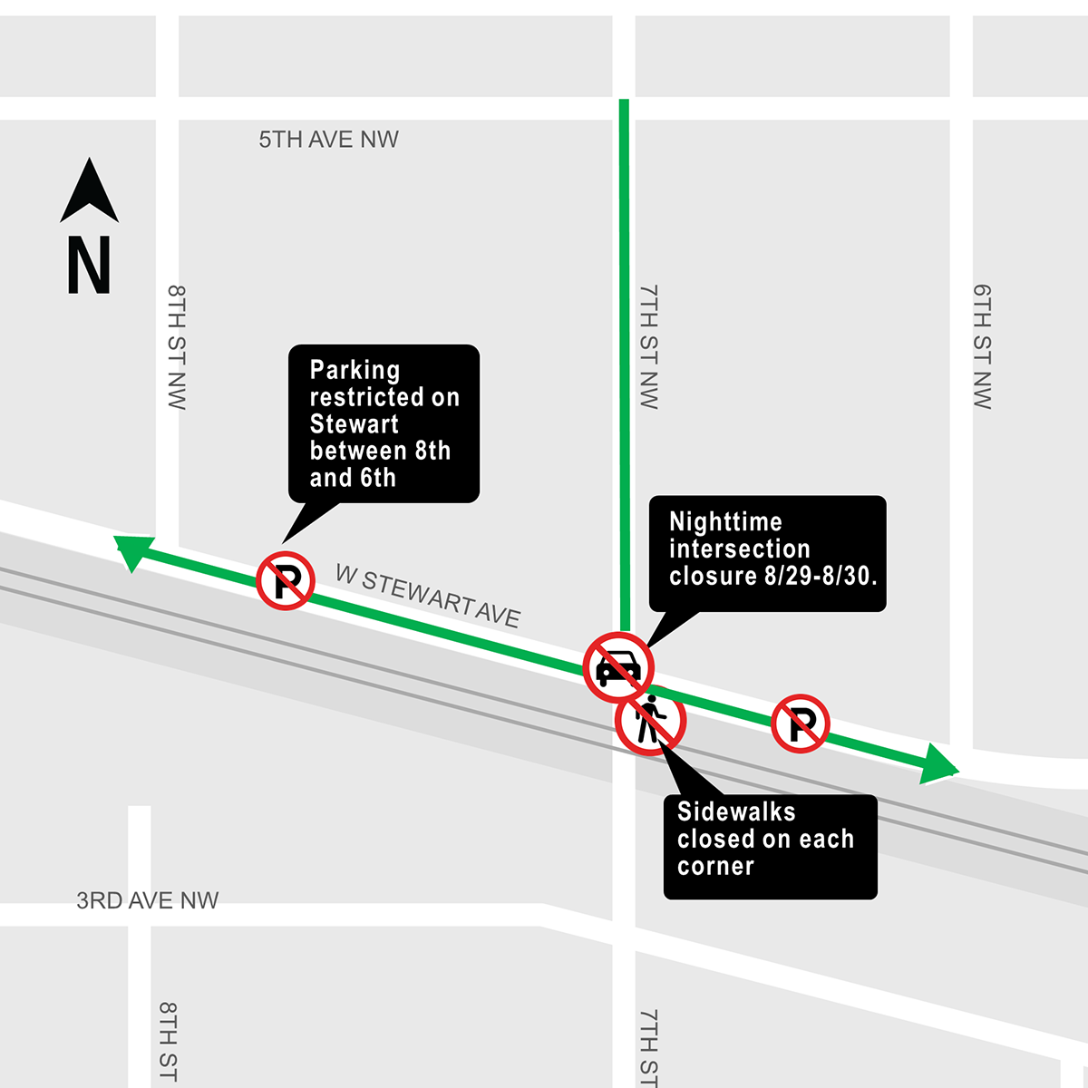 Construction map for 7th St NW and W Stewart Ave nighttime intersection closure, Puyallup Station Parking and Access Improvements