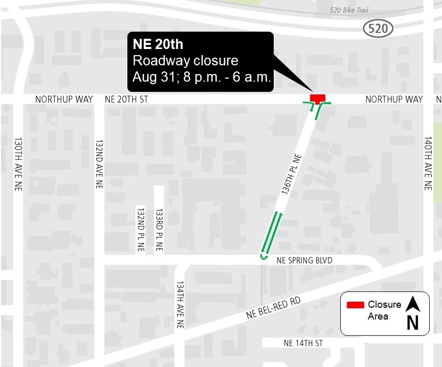 Construction map for night closures on NE 20th Street, East Link Extension