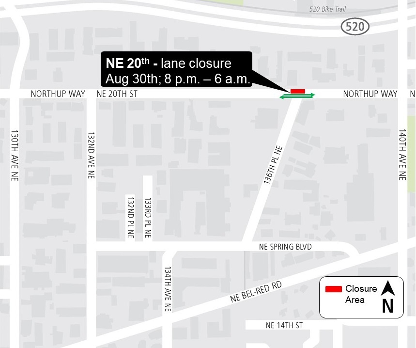 Construction map for NE 20th lane closure, East Link Extension