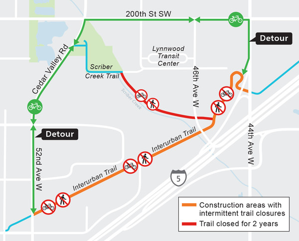 Construction impacts map for Interurban Trail Closure, Lynnwood Link Extension