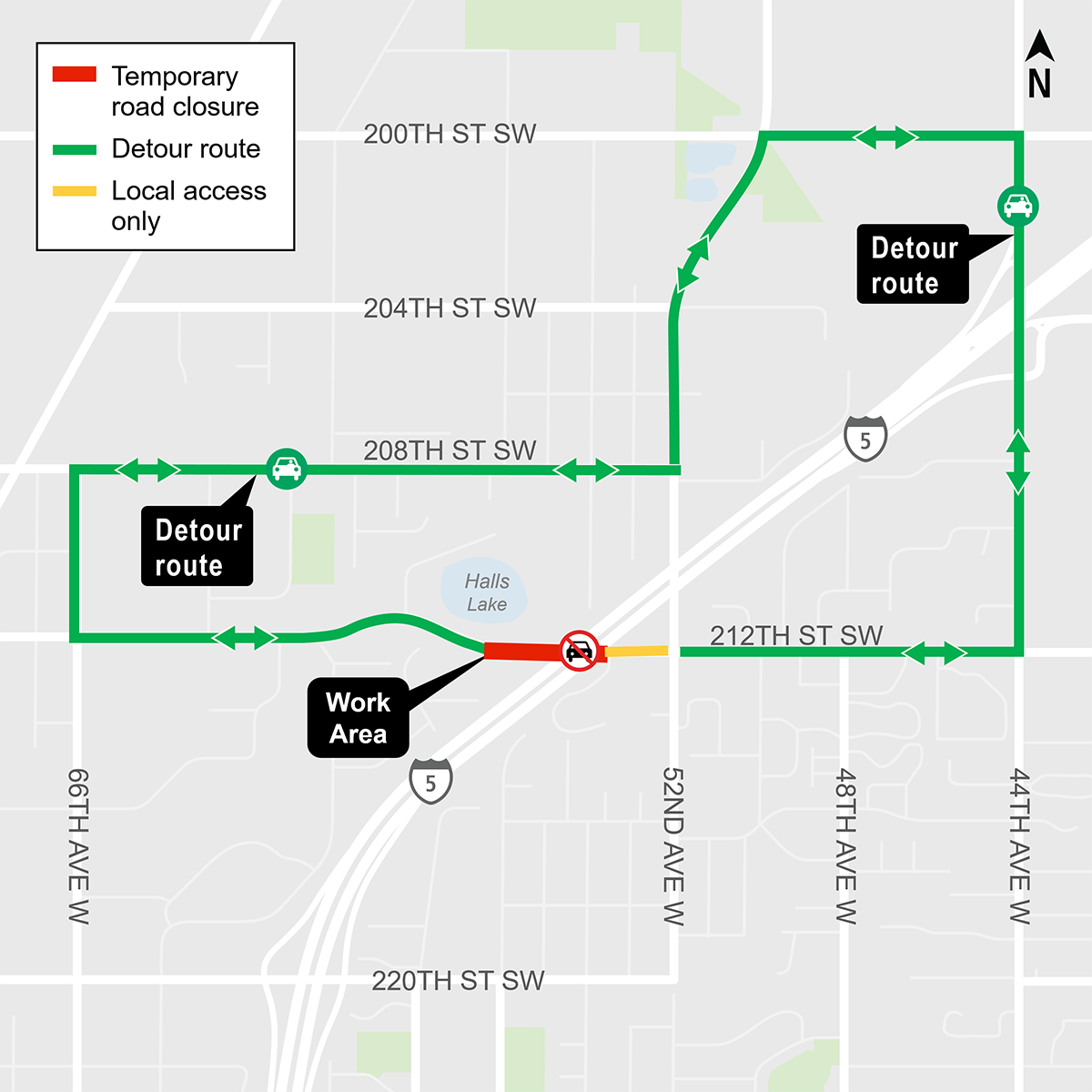 Construction impacts map for closure of 212th St SW, West of 52nd Ave W, Lynnwood Link Extension