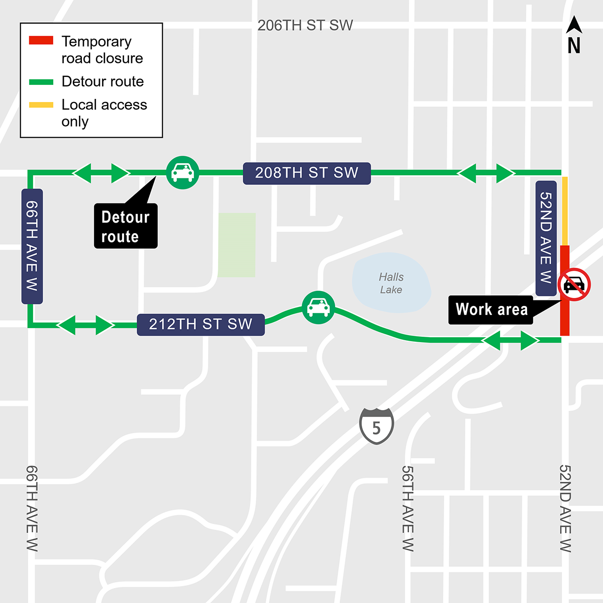 Construction impacts map for 52nd Ave W closure, Lynnwood Link Extension