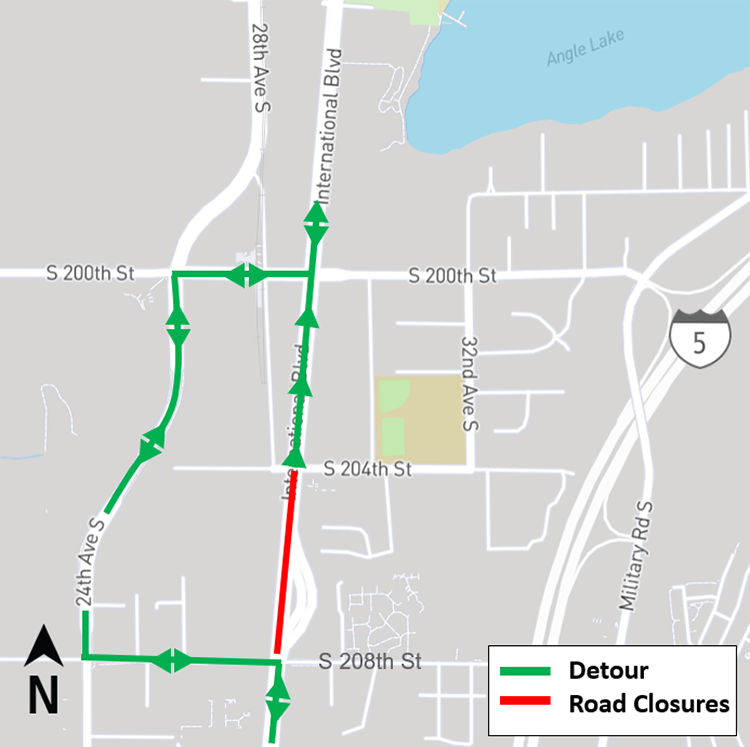 Construction impacts map for September and October State Road 99 closure, Federal Way Link Extension