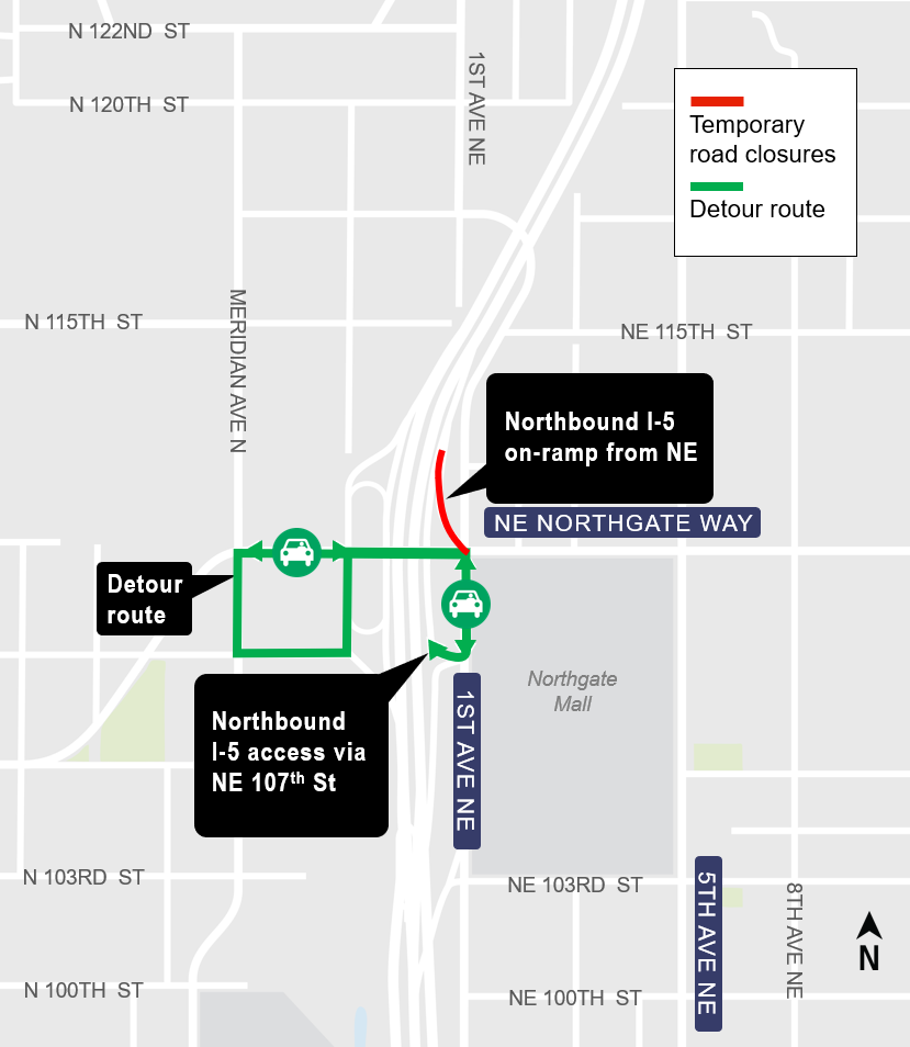 Construction impacts map for Northgate On-ramp closure, Lynnwood Link Extension