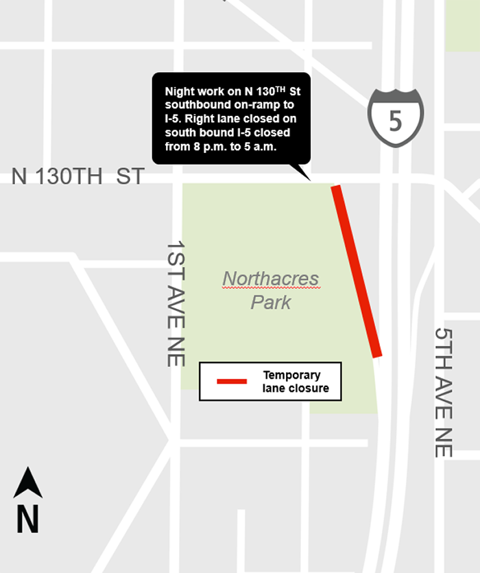 Construction impacts map for southbound 130th street on-ramp closure, Lynnwood Link Extension