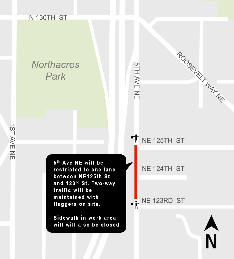 Construction impacts map for 5th Avenue northeast lane reduction between northeast 125 street and northeast 123rd street, Lynnwood Link Extension