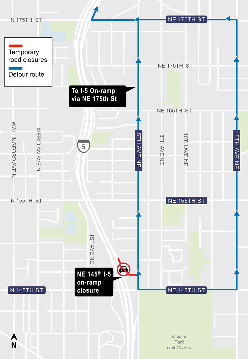 Construction impacts map for Northeast 145th Street On-ramp closure and detour, Lynnwood Link Extension