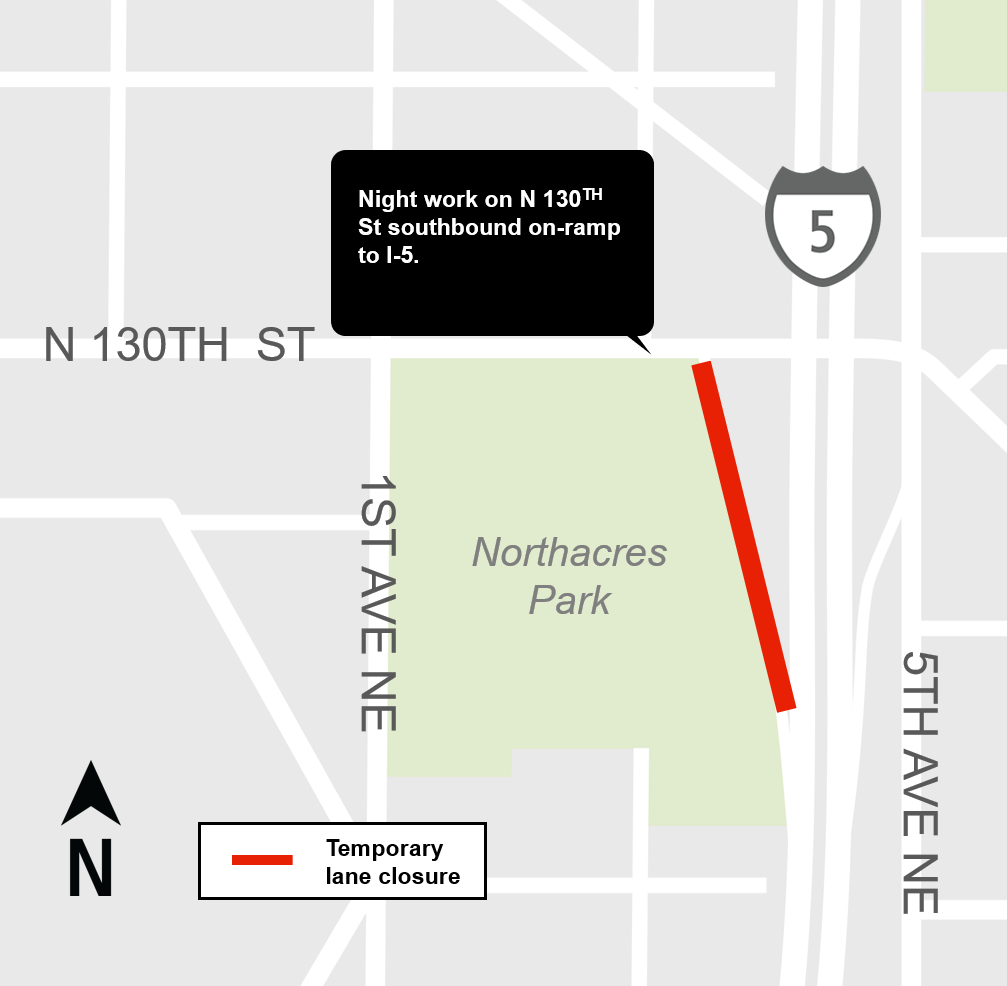 Construction impacts map for Night work on North 130th Street southbound on-ramp to Interstate-5 closure, Lynnwood Link Extension
