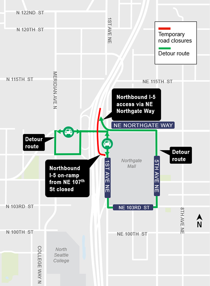 Construction impacts map for Northbound I-5 on-ramp from NE 107th Street closure, Lynnwood Link Extension