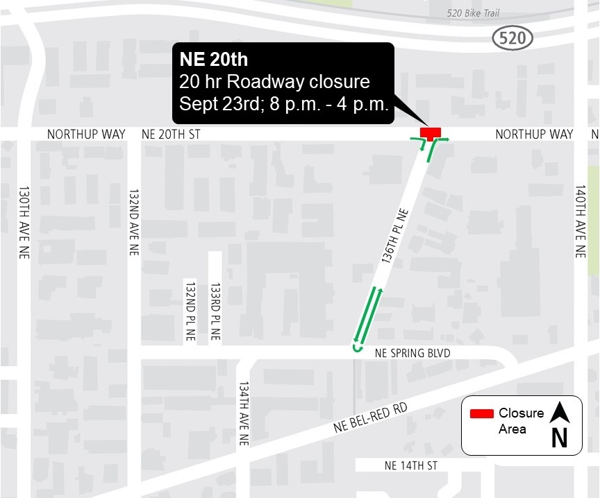 Construction impacts map for Northeast 20th Street Full Closure, Bel-Red/130th Station, East Link Extension