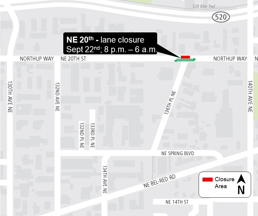 Construction impacts map for Northeast 20th Street lane closure, Bel-Red/130th Station, East Link Extension
