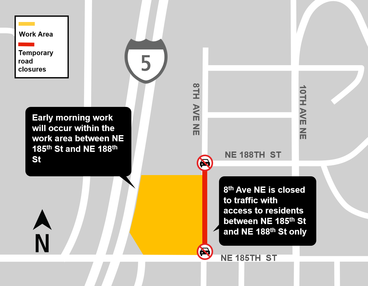 Construction impacts map for Early morning work for the NE 185th Street Station Garage Work Zone