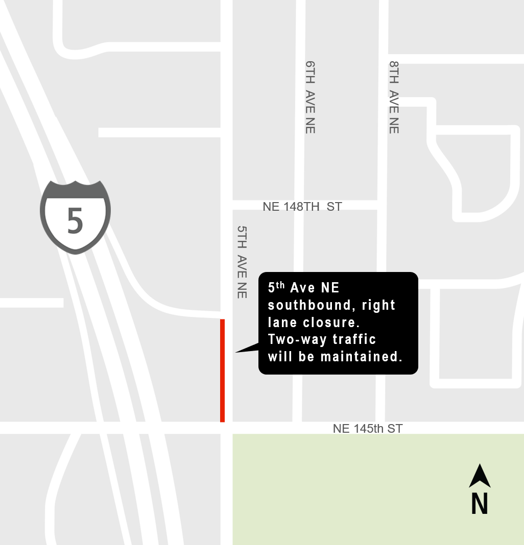 Construction impacts map for 24-Hour Closure of a Southbound Right Lane on 5th Ave NE