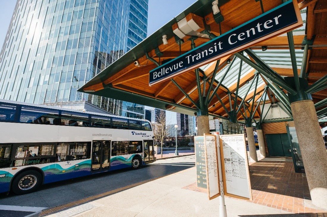 image of a Sound Transit Double Decker Bus at Bellevue Transit Center