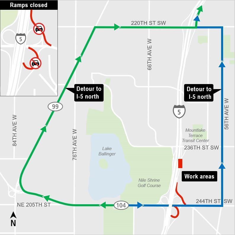 Construction impacts map for Nightly Closure of I-5 NB On-Ramps at SR 104 and C/D at 236th St SW