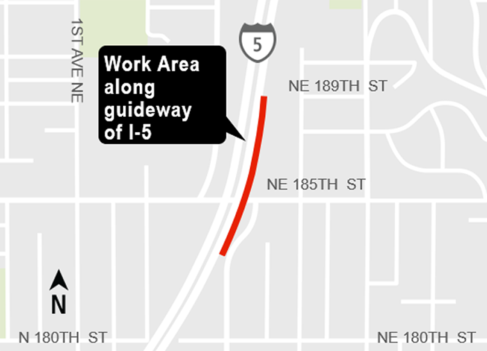 Construction impacts map for Guideway work area by NE 185th Street and NE 189th Street