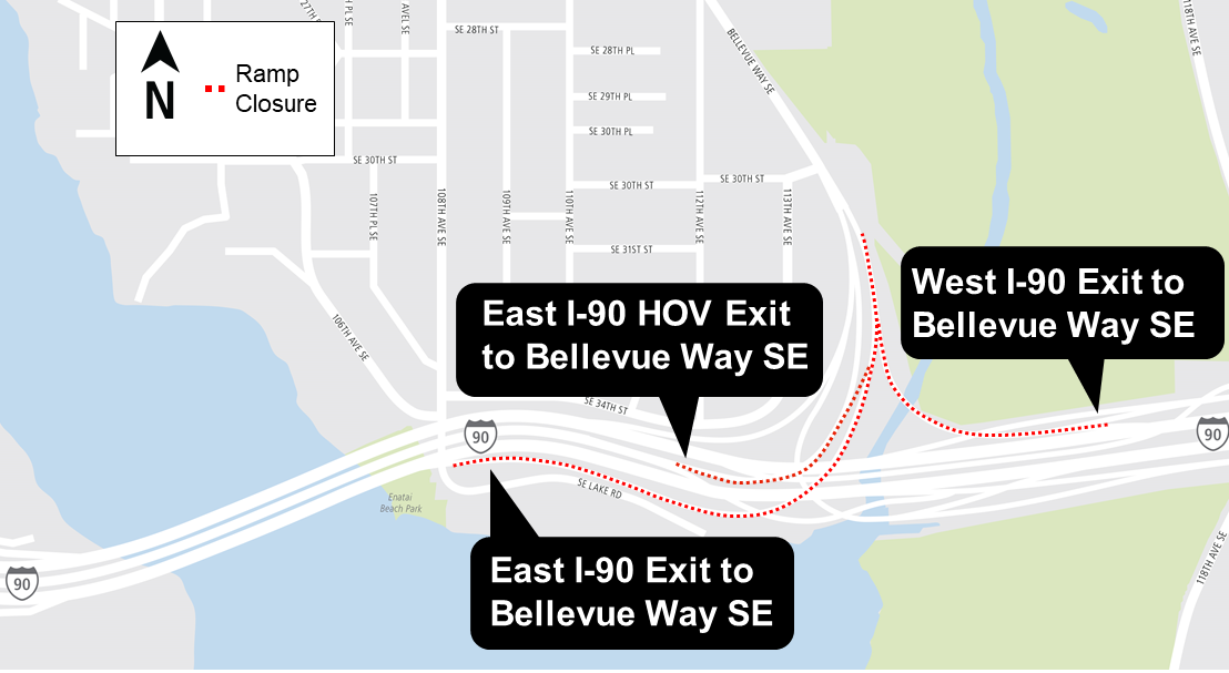 Construction impacts map for Interstate-90 Southbound off-ramp closures, East Link Extension