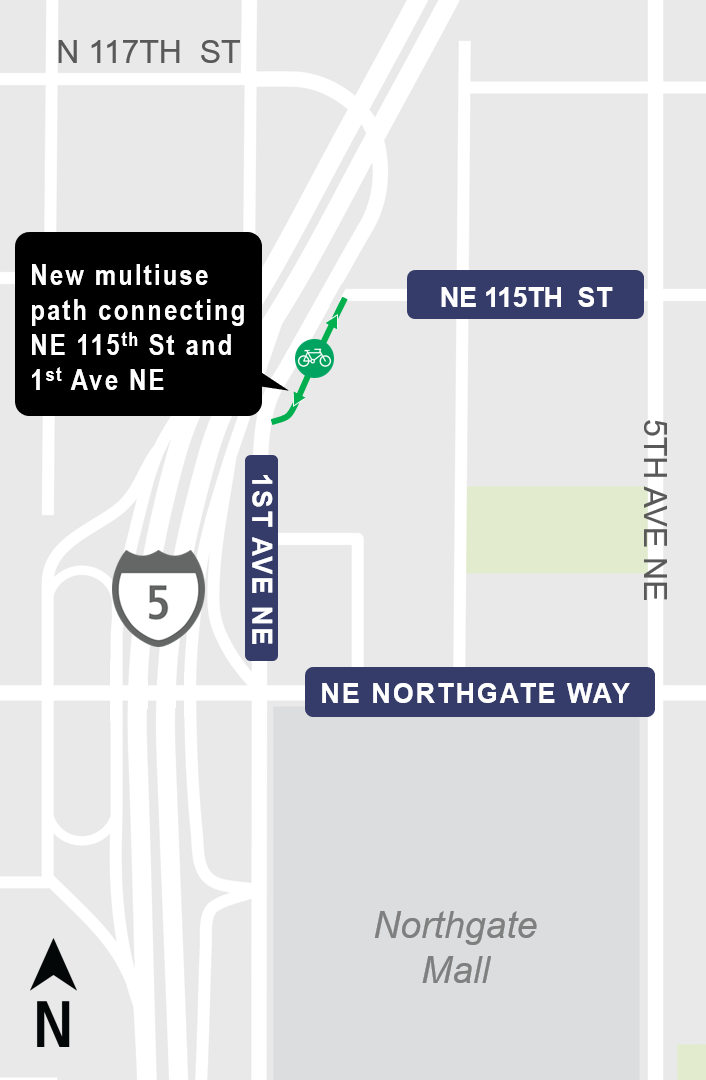 Area map of 1st Ave NE and NE 115th St Multiuse Path Opening, Lynnwood Link Extension