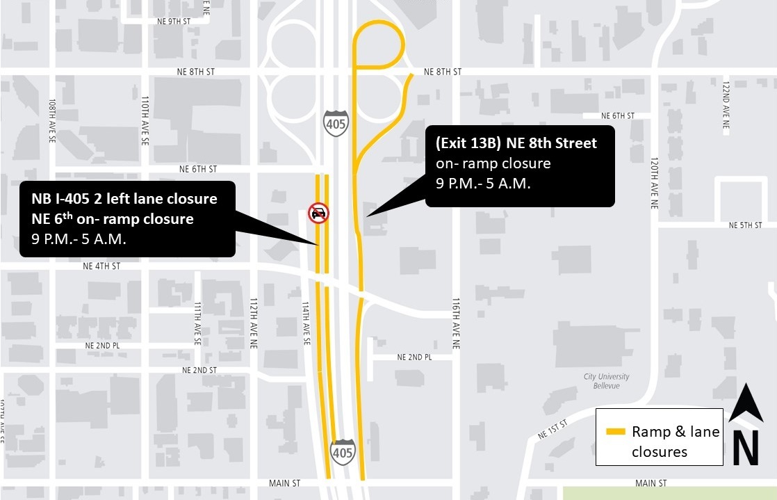 Area map for I-405 Weeknight closures, Downtown Bellevue Construction Alert