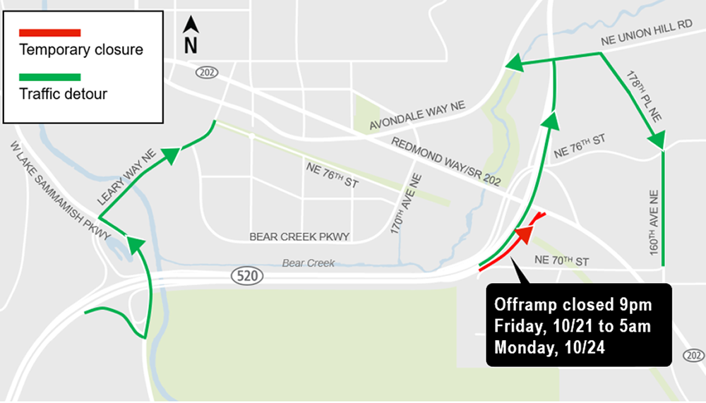 Construction impacts map for weekend closure of offramp from Eastbound SR 520 to Redmond Way/SR 202, Downtown Redmond Link Extension