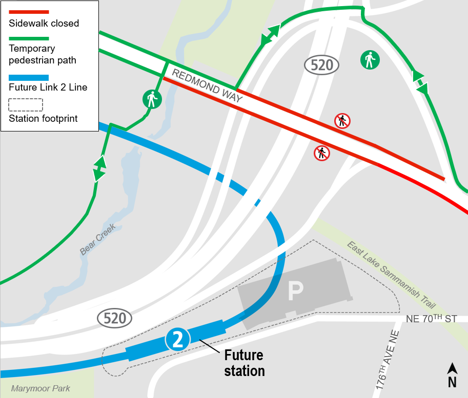 Construction impacts map for Bear Creak Reopening, Downtown Redmond Link Extension