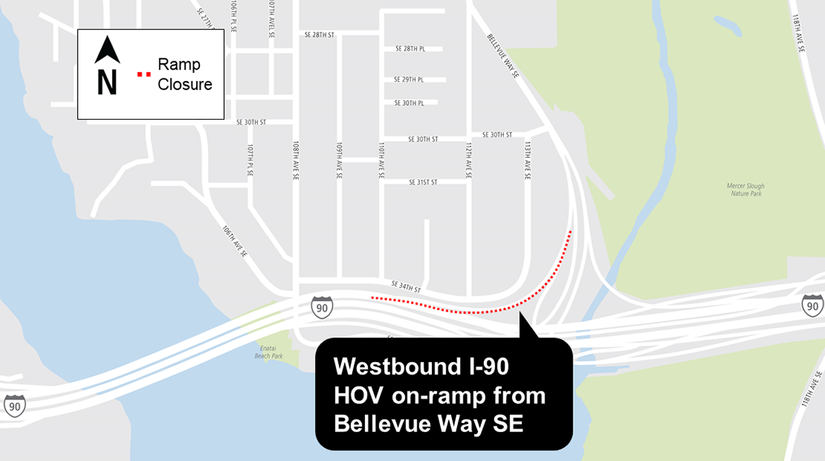 Construction impacts map for westbound interstate-90 HOV on-ramp closure, East Link Extension