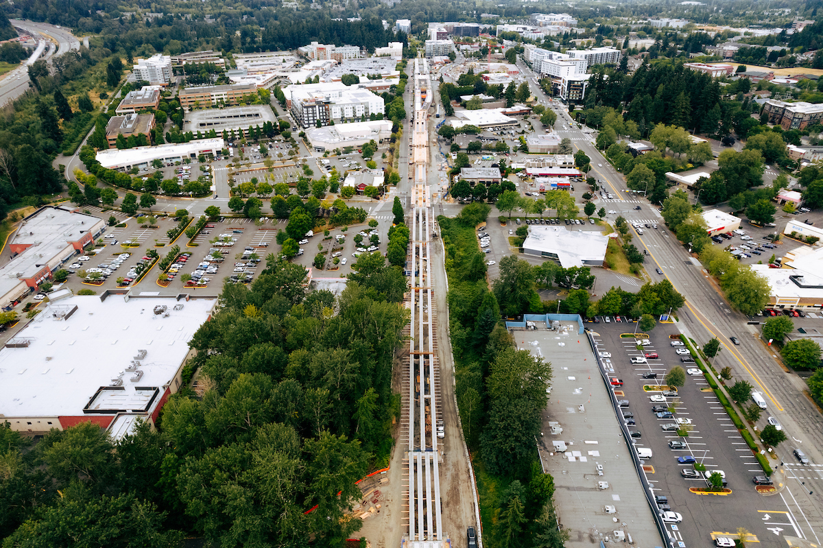Drone photo showing the Downtown Redmond Link Extension’s aerial guideway as it heads west towards the Downtown Redmond Station