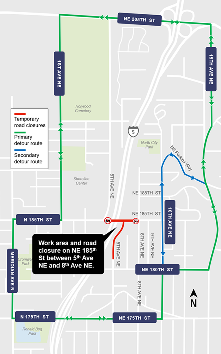Construction impacts map for NE 185th Street road closure, Lynnwood Link Extension