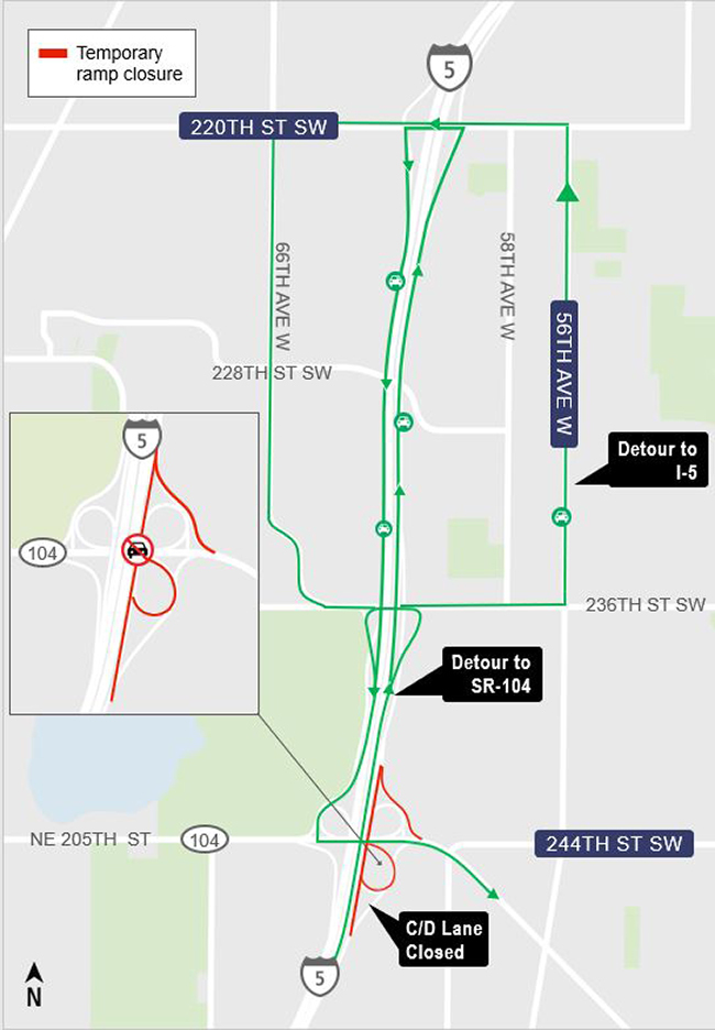 Construction impacts map for Nightly Closure of Collector-Distributor Lane on I-5 NB, Lynnwood Link Extension