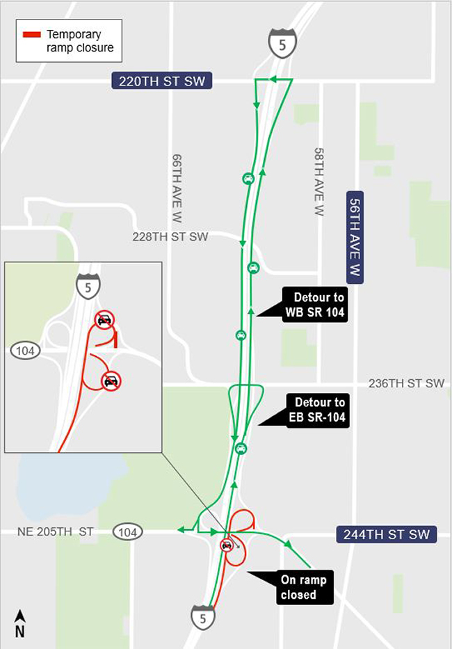 Construction impacts map for Nightly Closure of I-5 Off-Ramps to SR-104, Lynnwood Link Extension