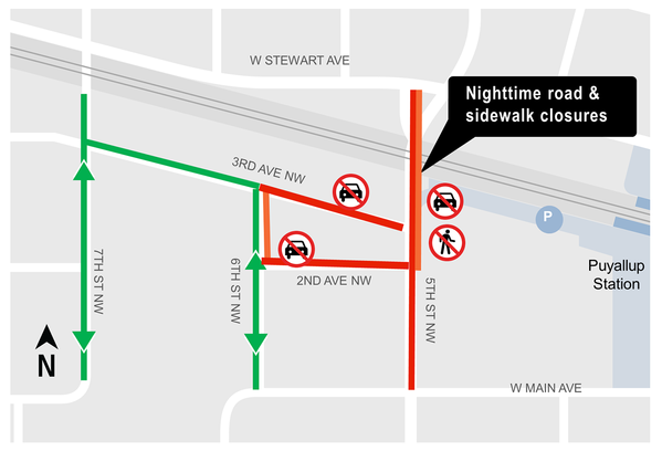 Construction impacts map for Nighttime 5th Street NW closure, Puyallup Station parking and access improvements