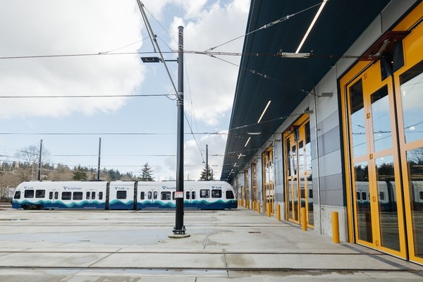 Photo of Link Light Rail vehicles outside an Operations and Maintenance Facility