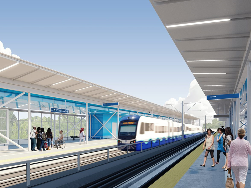Rendering image of the link light rail approaching a station platform