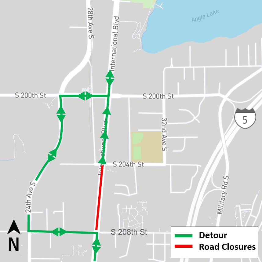Construction impacts map for Overnight full closures of SR 99 in SeaTac, Federal Way Link Extension