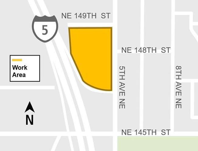 Construction impacts map for NE 148th St. Station Garage work zone, Lynnwood Link Extension