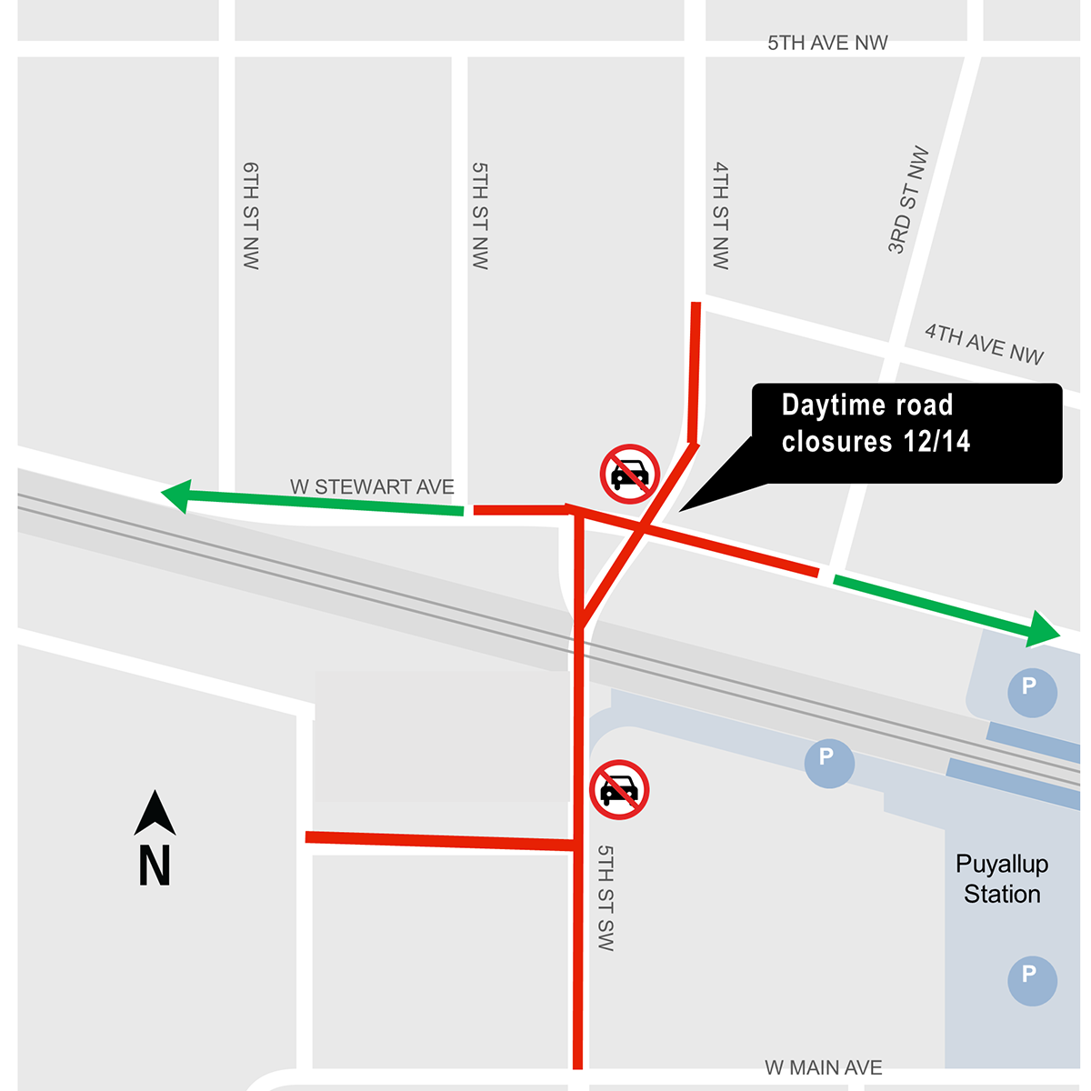 construction impacts map for daytime closure of 4th St. NW and W Stewart Ave. intersection