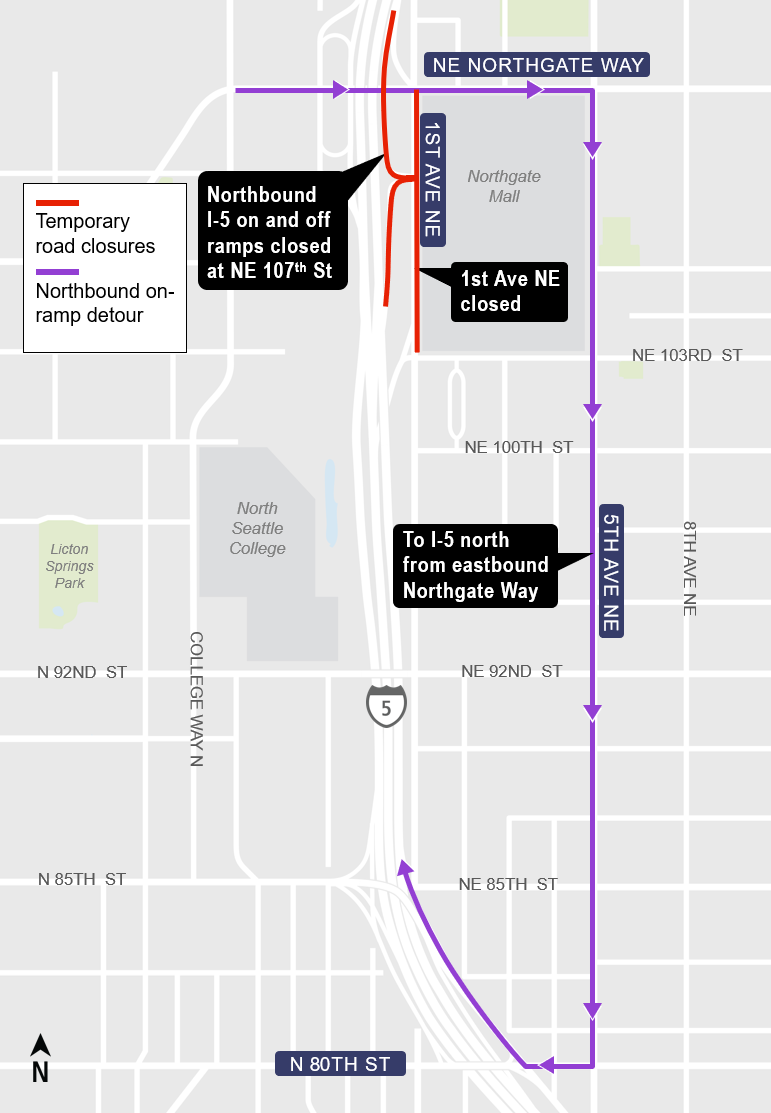 Construction impacts map for 1st Avenue closure on-ramp detour, Lynnwood Link Extension