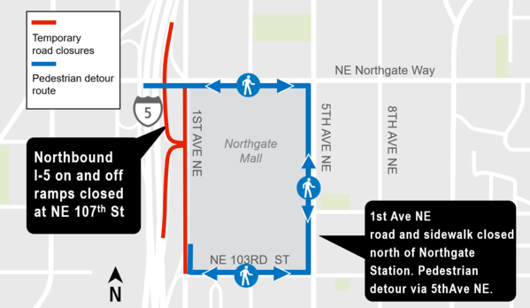 Construction impacts map for 1st Ave NE closure pedestrian detour, Lynnwood Link Extension