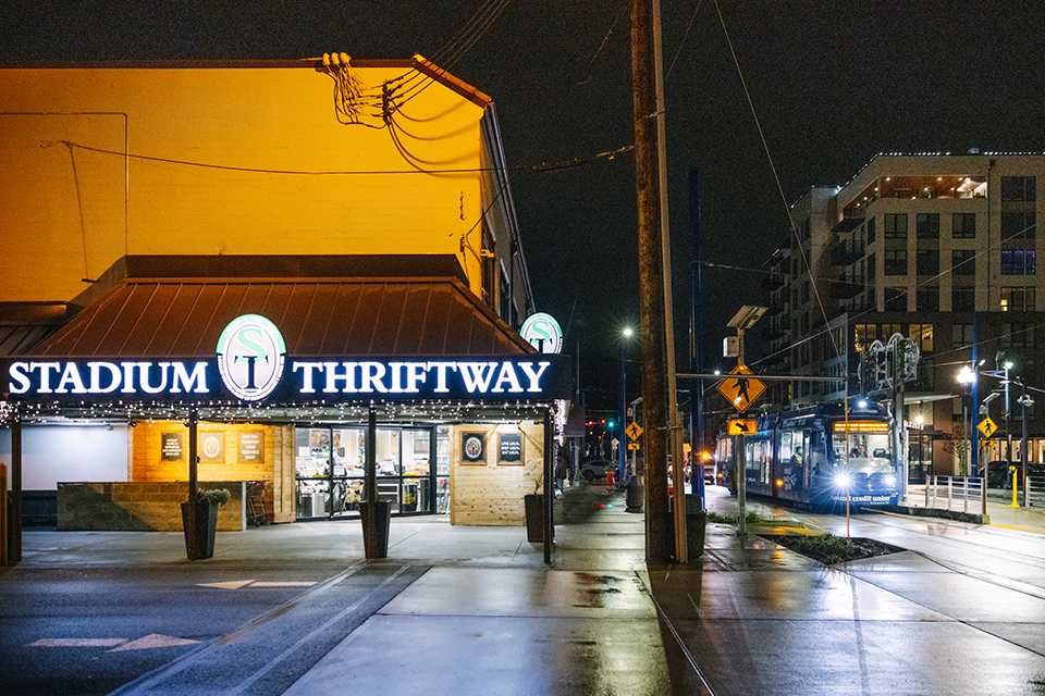 A T Line vehicle travels through the Stadium District during testing.