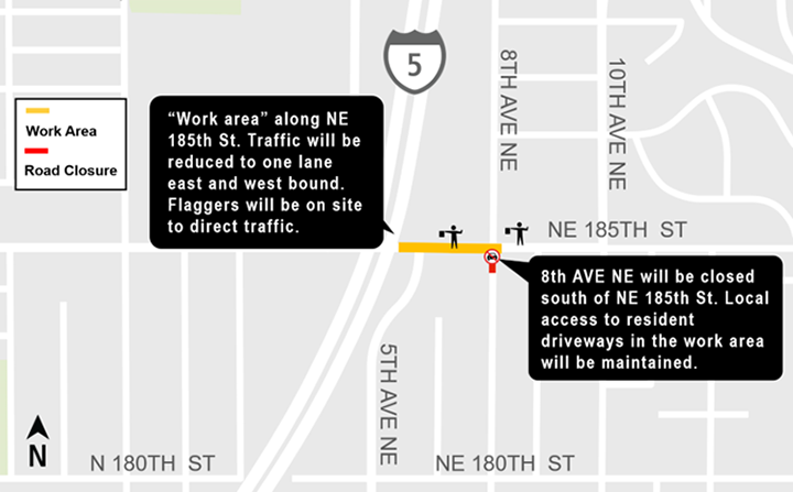 Construction impacts map for Northeast 185th closure at 8th Avenue Northeast, Lynnwood Link Extension
