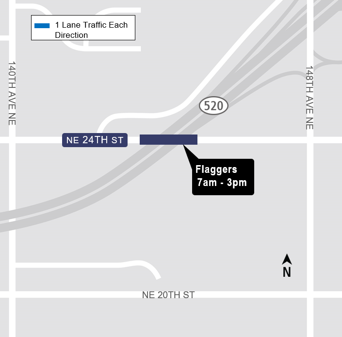 Construction impacts map for Daytime Lane Restrictions on NE 24th Street in Bellevue, Downtown Redmond Link Extension