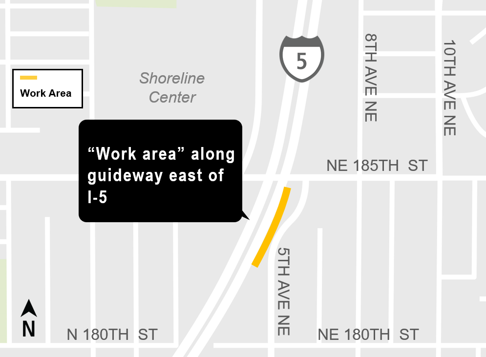 Construction impacts map for Early morning work on the Sound Transit Guideway in  between NE 182nd Court & NE 185th Street, Lynnwood Link Extension
