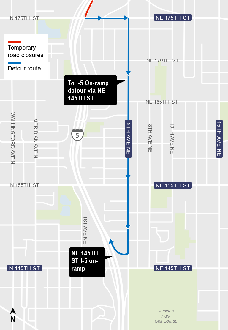 Construction impacts map for Night work on the NE 175th St to northbound I-5 on-ramp for pole installation, Lynnwood Link Extension