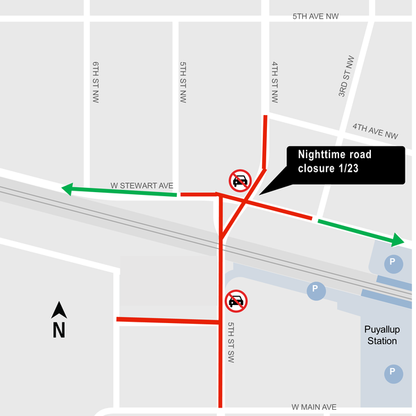 Construction impacts map for Nighttime closure of Stewart and 4th intersection, 5th Street
