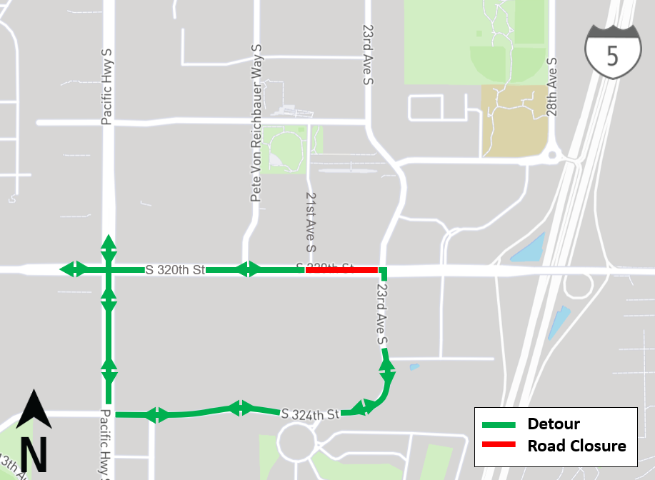 Construction impacts map for Overnight closures of S 320th St, Federal Way Link Extension