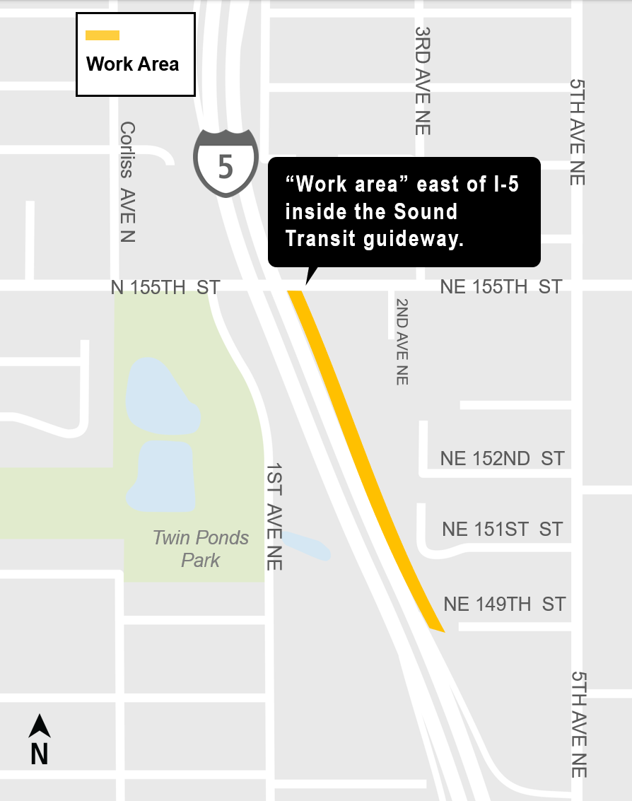Construction impacts map for Early morning work along the Sound Transit Guideway in between NE 149th and NE 155th Street